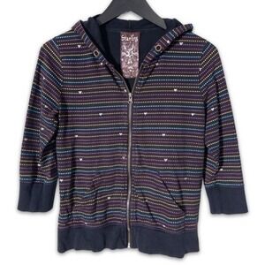Starling Zip Up Hoodie Womens Medium Black Rainbow‎ Polka Dot Heart Y2K Retro